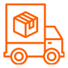 Truck service carrying a package in orange outline icon.